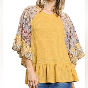 Umgee Waffle Knit Floral Sleeve Sz Small Yellow‎